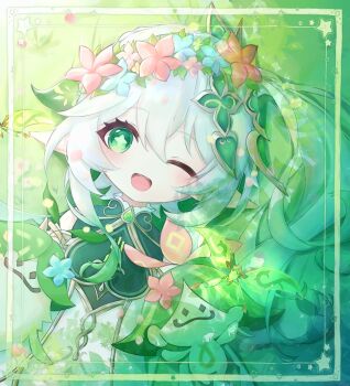 1girl aranara_(genshin_impact) blue_flower blush commentary_request crystalfly_(genshin_impact) dress flower flower_wreath genshin_impact gold_trim gradient_hair green_eyes green_hair hair_between_eyes hair_ornament head_wreath highres leaf_hair_ornament long_hair looking_at_viewer lying multicolored_hair nahida_(genshin_impact) on_back on_grass one_eye_closed open_mouth pointy_ears red_flower side_ponytail solo star-shaped_pupils star_(symbol) symbol-shaped_pupils tansanlemon100 white_dress white_hair