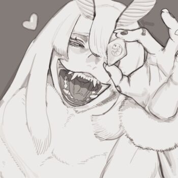 1boy antennae arthropod_boy claws colored_sclera commentary_request grey_background greyscale hand_up heart larva long_hair looking_at_viewer male_focus meziro001 monochrome monster_boy moth_antennae moth_boy neck_fur open_mouth original sharp_teeth simple_background solo teeth upper_body