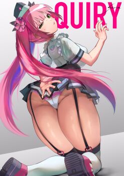 Rule 34 | 1girl, a.c.p.u. (nikke), absurdres, ass, ass focus, black garter straps, black shoes, black skirt, blush, breasts, english text, flower, from behind, garter straps, goddess of victory: nikke, green eyes, grey background, hair flower, hair ornament, hat, highres, kneeling, large breasts, long hair, looking at viewer, looking back, miniskirt, panties, pink hair, pleated skirt, police, police hat, police uniform, policewoman, quiry (nikke), shirt, shoes, short sleeves, simple background, skirt, solo, sora no sousaku, striped clothes, striped panties, thick thighs, thighhighs, thighs, twintails, underwear, white shirt, white thighhighs