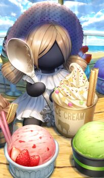 blonde_hair blue_sky chocolate cloud commentary cup day dessert disposable_cup disposable_ice_cream_cup doll dress english_text fate/grand_order fate_(series) food frozen_yogurt fruit hat holding holding_spoon ice_cream light_rays low_twintails no_humans object_focus official_art outdoors pocky short_twintails sky spoon sprinkles star_(symbol) still_life strawberry strawberry_slice sunbeam sunlight tatsuyo third-party_source twintails vanilla viy_(fate) wafer wafer_stick white_dress