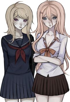 2girls akamatsu_kaede arms_behind_back blonde_hair blue_eyes commentary cowboy_shot crossed_arms danganronpa_(series) danganronpa_v3:_killing_harmony fortissimo hair_ornament highres iruma_miu kaede_akamatsu_(thatkira) long_hair long_sleeves multiple_girls musical_note musical_note_hair_ornament neckerchief parted_lips pleated_skirt purple_eyes school_uniform serafuku skirt sleeves_rolled_up symbol-only_commentary