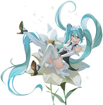 Rule 34 | 1girl, absurdres, ahoge, aqua eyes, aqua hair, bare shoulders, black dress, commentary request, detached sleeves, dress, hair between eyes, hair ornament, hatsune miku, high heels, highres, kuweichuanxin jr, long hair, long sleeves, looking at viewer, open mouth, simple background, solo, thighs, twintails, very long hair, vocaloid, white background, white sleeves