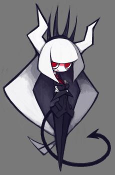 1girl black_suit demon_girl demon_horns demon_tail formal_clothes grey_background helltaker highres horns long_hair lucifer_(helltaker) necktie noda_rejinu open_mouth red_eyes red_shirt shirt simple_background solo suit tail very_long_hair white_hair