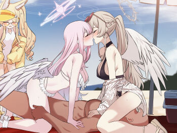 1boy 3girls beach bikini bisexual_female blue_archive blue_sky blush breasts brown_hair closed_eyes clothed_female_nude_male cloud day doodle_sensei_(blue_archive) eyewear_on_head female_masturbation ffm_threesome girl_on_top group_sex halo highres long_hair masturbation medium_breasts mika_(blue_archive) mika_(swimsuit)_(blue_archive) multiple_girls nagisa_(blue_archive) nagisa_(swimsuit)_(blue_archive) nude official_alternate_costume open_mouth outdoors pink_hair pink_halo ponytail reverse_spitroast seia_(blue_archive) seia_(swimsuit)_(blue_archive) senapops sensei_(blue_archive) sky sunglasses swimsuit tea_party_(blue_archive) threesome white_bikini white_wings wings yellow_halo