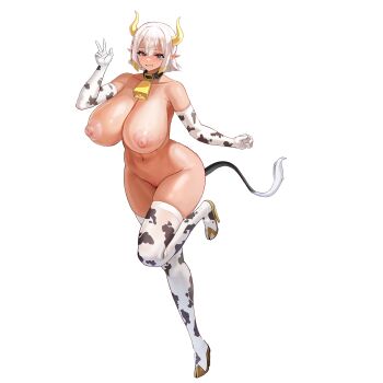 1girl animal_print armpit_crease bell black_collar blue_eyeliner breasts cleavage collar collarbone cow_horns cow_print cow_print_gloves cow_print_thighhighs cow_tail cowbell dark-skinned_female dark_skin elbow_gloves eye_of_horus eyeliner fake_horns fake_tail full_body game_asset gloves gold_shoes grin hair_between_eyes hathor_(last_origin) high_heels highres hoof_shoes horns huge_breasts knee_up last_origin lips looking_at_viewer makeup navel neck_bell nipples non-web_source nude official_alternate_costume official_art pointy_ears print_gloves print_thighhighs puffy_nipples purple_eyes pussy self-datamine shiny_skin shoes short_hair sidelocks simple_background skindentation smile solo standing standing_on_one_leg tachi-e taesi tail thick_thighs thighhighs thighs transparent_background v white_gloves white_hair