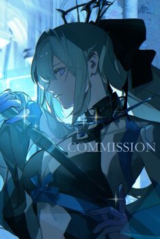 Rule 34 | 1girl, blue eyes, breasts, cleavage, clothing cutout, commentary request, commission, drawing sword, fate/grand order, fate (series), grey hair, hair ribbon, highres, holding, holding sword, holding weapon, julhxh, long hair, looking at viewer, morgan le fay (fate), open mouth, ponytail, profile, ribbon, skeb commission, solo, spikes, sword, tiara, upper body, weapon