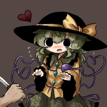 1boy 1girl at_knifepoint black_eyes black_hat bow breasts broken_heart brown_background buttons commentary_request contrast_collar cowboy_shot crying crying_with_eyes_open diamond_button floral_print flying_sweatdrops frilled_shirt_collar frills green_hair green_skirt hat hat_bow hat_ribbon heart heart_of_string heripantomorrow holding holding_knife knife komeiji_koishi long_sleeves medium_hair open_mouth print_skirt ribbon rose_print scared shirt simple_background skirt small_breasts solo_focus tears third_eye touhou wide_sleeves yellow_bow yellow_ribbon yellow_shirt