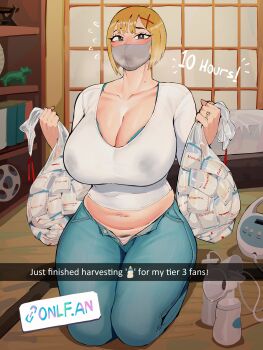 1girl absurdres bag bed black_eyes blonde_hair blue_bra blue_pants blush bob_cut bookshelf bra bra_peek brand_name_imitation breast_milk_in_container breast_pump breasts chiyoi_(diforland) collarbone commentary denim diforland english_commentary english_text female_pubic_hair flying_sweatdrops full_body furrowed_brow hair_ornament handjob highres holding holding_bag indoors jeans jewelry kneeling lactation lactation_through_clothes large_breasts long_sleeves midriff milking_handjob milking_machine onlyfans open_fly original panties pants panty_peek pubic_hair pubic_hair_peek ring seiza shirt short_hair shouji sitting sliding_doors small_sweatdrop solo tatami underwear wedding_ring white_shirt x_hair_ornament