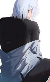 1girl absurdres black_bodysuit bodysuit elloinoire girls'_frontline grey_hair highres long_sleeves off_shoulder rpk-16_(girls'_frontline) shirt short_hair simple_background solo white_background white_shirt