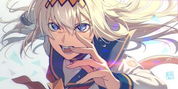 1girl blue_eyes blue_sailor_collar brooch commentary_request grey_hair hair_between_eyes hairband hanamura_mai horse_girl jacket jewelry long_hair long_sleeves neckerchief oguri_cap_(starlight_beat)_(umamusume) oguri_cap_(umamusume) open_mouth red_neckerchief running sailor_collar shirt solo star_brooch sweat teeth umamusume white_jacket white_shirt