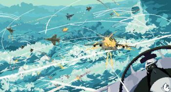 1other aerial_battle air-to-air_missile anti-aircraft anti-aircraft_missile battle blue_sky boeing_c-17 cloud cloudy_sky contrail debris destruction explosion f-16_fighting_falcon firing helmet highres mikecraftz military military_vehicle missile missile_trail monarch_(project_wingman) pilot_helmet pixel_art project_wingman scenery sky su-27 vehicle_request war