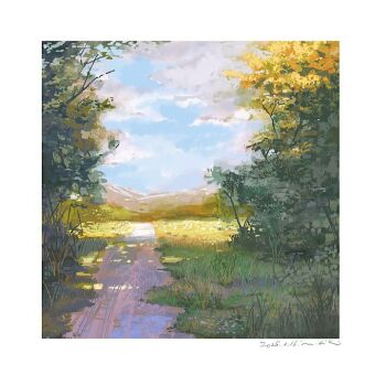 blue_sky border cloud dated day grass mimoth mountainous_horizon no_humans original outdoors path road scenery shade signature sky tree white_border