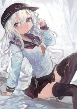 1girl absurdres black_hat black_sailor_collar black_skirt black_thighhighs blue_eyes closed_mouth commentary flat_cap hair_between_eyes hat hibiki_(kancolle) highres kaamin_(mariarose753) kantai_collection long_hair long_sleeves looking_at_viewer neckerchief petite pleated_skirt red_neckerchief sailor_collar school_uniform serafuku simple_background sitting skirt solo thighhighs v white_hair