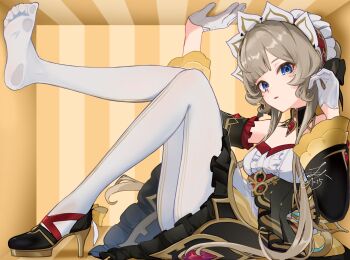 1girl blue_eyes feet genshin_impact highres long_hair looking_at_viewer pantyhose parted_lips pinocle sandrone_(genshin_impact) shoes single_shoe soles toes white_pantyhose