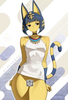 1girl absurdres animal_crossing animal_ears ankha_(animal_crossing) artist_name black_eyes blue_hair body_fur breasts cat_ears cat_girl cat_tail censored collarbone commentary dress english_commentary furry furry_female highres nintendo novelty_censor olmec_head otokakoto sleeveless sleeveless_dress small_breasts solo spelunky standing tail thighs white_dress yellow_fur