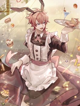 Rule 34 | 1boy, :d, animal ear hairband, animal ear piercing, animal ears, apron, back bow, black dress, bow, cake, center frills, cherry, chinese commentary, chocolate, cocktail, cocktail glass, collar chain (jewelry), collared dress, commentary, cowboy shot, cross tie, crossdressing, crossdressing (mtf), cup, curtains, dress, drinking glass, fake animal ears, falling food, fang, food, french fries, frilled apron, frills, fruit, hair between eyes, hairband, hand up, highres, holding, holding tray, juliet sleeves, li ri zhi ze, long dress, long sleeves, looking to the side, lovebrush chronicles, macaron, maid, maid apron, male focus, male maid, official alternate costume, open mouth, paw brooch, pink bow, pink hair, puffy sleeves, purple eyes, rabbit ear hairband, rabbit ears, sandwich, short hair, skin fang, skirt hold, sleeve cuffs, smile, solo, sparkle, standing, strawberry, tray, white apron, william (lovebrush chronicles), window