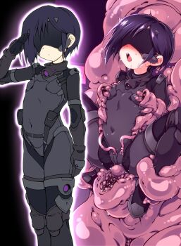1girl black_bodysuit blindfold blush bodysuit commentary_request covered_navel drooling flat_chest flat_color highres knee_pads loli nipple_stimulation open_mouth original outline pouch purple_hair salute solo spread_legs tentacle_sex tentacles tomoshibi_hidekazu