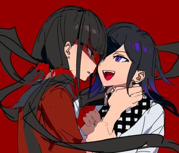 Rule 34 | 1boy, 1girl, black hair, blunt bangs, brown hair, checkered clothes, checkered scarf, choke hold, commentary request, danganronpa (series), danganronpa v3: killing harmony, flipped hair, floating hair, hair between eyes, hair ornament, hair scrunchie, hand on another's neck, hands on another's arms, harukawa maki, highres, long hair, long sleeves, low twintails, oma kokichi, open mouth, ovrperi, profile, purple hair, red background, red eyes, red shirt, scarf, scrunchie, shaded face, shirt, short hair, smile, strangling, twintails, two-tone scarf, very long hair