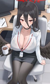 1girl absurdres black_bra black_hair black_pantyhose black_skirt black_wings blue_archive blush bra breasts buttons chair cleavage closed_mouth coffee collarbone collared_shirt computer computer_keyboard computer_mouse cup feathered_wings feet_out_of_frame guntree halo hasumi_(blue_archive) highres holding holding_cup huge_breasts id_card knees_together_feet_apart light_smile long_hair long_sleeves looking_at_viewer mole mole_under_eye monitor office_lady pantyhose pen pencil_skirt red_eyes red_halo shirt sitting skirt solo swivel_chair underwear white_shirt wings