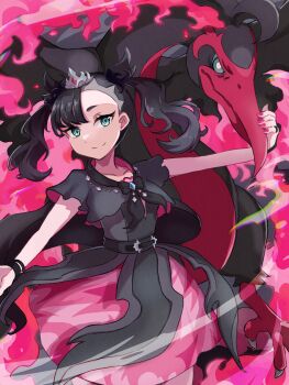 1girl absurdres black_dress black_hair blue_eyes closed_mouth dress fire galarian_form galarian_moltres gen_8_pokemon highres layered_dress legendary_pokemon looking_at_viewer marnie_(champion)_(pokemon) marnie_(pokemon) nintendo official_alternate_costume official_alternate_hairstyle pink_nails piyo_to_game pokemon pokemon_(creature) pokemon_masters_ex short_sleeves smile solo tiara twintails wristband