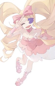 1girl blonde_hair boots bow breasts cleavage colored_eyepatch dress drill_hair earrings eyepatch footwear_bow harime_nui heart heart_earrings highres jewelry kill_la_kill lolita_fashion muhan_(user_azze8777) one_eye_closed pink_boots pink_bow pink_dress smile twin_drills v white_background