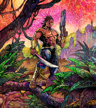 1boy abs abstract_background black_hair black_panther_(movie) black_panther_(series) blue_pants boots bracelet branch brown_boots building closed_mouth colorful_background dark-skinned_male dark_skin denim dreadlocks facial_hair forest glint gold_bracelet gun holding holding_gun holding_sword holding_weapon jeans jewelry jungle killmonger landscape leaf leather leather_pants male_focus marvel marvel marvel_snap muscular muscular_male nature necklace official_art outdoors panther pants rainforest scenery science_fiction shiny_skin shotgun sky solo sparkle standing standing_on_branch star_(sky) starry_sky sword thigh_boots tooth_necklace topless_male tree vinartwork weapon western_comics_(style) x-men