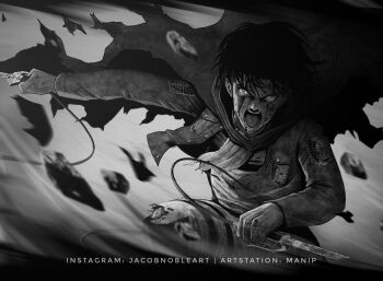 1boy :o artist_name ascot black_hair cape commentary dirty dirty_face dual_wielding emblem english_commentary greyscale highres holding jacket levi_(shingeki_no_kyojin) looking_at_viewer male_focus manip monochrome paradis_military_uniform pebble screaming shingeki_no_kyojin solo sword three-dimensional_maneuver_gear torn_clothes watermark weapon wire