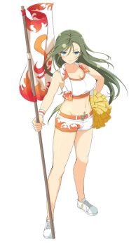 1girl blue_eyes breasts cheerleader cleavage closed_mouth collarbone crop_top flag flame_print fuga_(senran_kagura) game_cg green_hair groin hand_on_own_hip holding holding_flag holding_pom_poms large_breasts linea_alba long_hair looking_at_viewer midriff mole mole_under_eye navel official_alternate_costume official_art orange_trim pom_pom_(cheerleading) pom_poms senran_kagura senran_kagura_new_wave shirt shoes short_shorts shorts shuriken simple_background smile sneakers solo sports_bra swept_bangs treble_clef weapon white_background white_shirt white_shoes white_shorts white_sports_bra