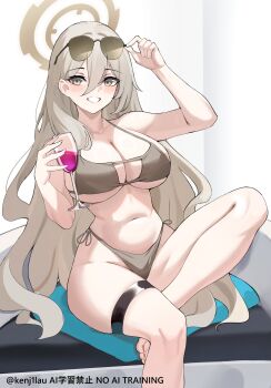 1girl absurdres akane_(blue_archive) bikini blue_archive blush breasts brown_bikini brown_eyes brown_hair brown_halo cleavage commentary cup drinking_glass eyewear_on_head grin hair_between_eyes halo highres kurochomo large_breasts looking_at_viewer navel roin sitting smile solo swimsuit thigh_strap thighs untranslatable_commentary wine_glass