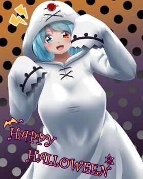 1girl 97-shiki_juubako :d black_background blue_eyes blue_hair breasts commentary_request cross-laced_clothes ghost_costume halloween halloween_costume happy_halloween heterochromia highres huge_breasts lightning_bolt_symbol long_sleeves looking_at_viewer open_mouth orange_background polka_dot polka_dot_background red_eyes see-through_clothes short_hair smile solo tatara_kogasa touhou variant_set