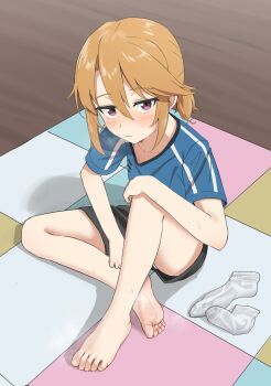 1girl absurdres barefoot blonde_hair blush feet highres idolmaster idolmaster_cinderella_girls long_hair looking_at_viewer losk purple_eyes shorts socks soles steam toes unworn_socks white_socks yuuki_haru