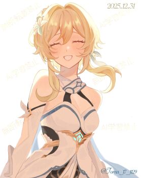 1girl arm_armor artist_name bare_shoulders blonde_hair blush breasts closed_eyes commentary_request cowboy_shot dated detached_sleeves dress feather_hair_ornament feathers flower genshin_impact hair_between_eyes hair_flower hair_ornament highres long_sleeves lumine_(genshin_impact) medium_breasts short_hair sidelocks simple_background sleeveless sleeveless_dress smile solo standing teeth tomato_(toma_17_1129) watermark wavy_hair white_background white_dress white_flower white_sleeves