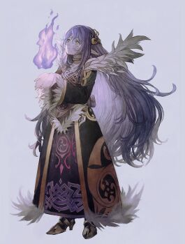 1girl alternate_form aoki_(fumomo) big_hair black_dress choker cloak dark_persona dress elf facial_mark female_focus fire flat_chest full_body fur-trimmed_cloak fur-trimmed_sleeves fur_trim gold_trim grey_background hair_between_eyes hair_ornament hands_up high_heels long_dress long_hair long_sleeves looking_up magic merlina_(sonic) own_hands_together parted_lips pointy_ears pouch purple_fire purple_hair pyrokinesis shoes sidelocks simple_background solo sonic_(series) sonic_and_the_black_knight sonic_the_hedgehog spoilers standing very_long_hair yellow_choker yellow_eyes yellow_shoes