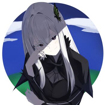1girl black_capelet black_dress blue_sky blush breasts butterfly_hair_ornament capelet closed_mouth cloud colored_eyelashes dress echidna_(re:zero) hair_between_eyes hair_ornament hand_on_own_face head_tilt highres long_hair long_sleeves looking_at_viewer purple_eyes re:zero_kara_hajimeru_isekai_seikatsu round_image sky smile solo striped_clothes striped_dress tsukinaga upper_body vertical-striped_clothes vertical-striped_dress white_hair
