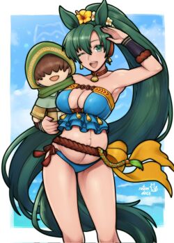 1girl ;d animal_ears arm_up artist_name bare_arms bare_shoulders bikini blue_bikini breasts character_doll cleavage collarbone commentary doll earrings english_commentary fire_emblem fire_emblem:_the_blazing_blade fire_emblem_heroes fire_emblem_shadows flower green_eyes green_hair hair_flower hair_ornament hand_up high_ponytail highres horse_ears horse_girl jewelry long_hair looking_at_viewer lyn_(fire_emblem) lyn_(lady_of_the_beach)_(fire_emblem) lyn_(plains_wind)_(fire_emblem) mark_(fire_emblem:_the_blazing_blade) medium_breasts navel nintendo ocean official_alternate_costume one_eye_closed open_mouth outdoors ponytail pregnant rotomdocs smile solo stomach swimsuit thighs very_long_hair