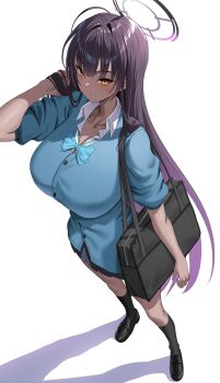 Rule 34 | 1girl, bag, black hair, black shoes, black skirt, blue archive, blue sweater, blush, breasts, collared shirt, commentary request, dark-skinned female, dark skin, dress shirt, enun, full body, halo, highres, karin (blue archive), karin (school uniform) (blue archive), kneehighs, large breasts, long hair, long sleeves, looking at viewer, pleated skirt, school bag, shirt, shoes, skirt, socks, solo, sweater, very long hair, white shirt, yellow eyes