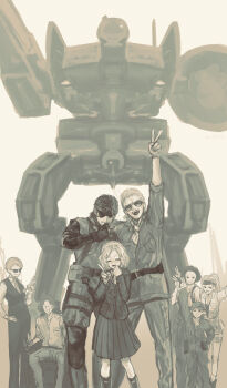 4boys 4girls amanda_valenciano_libre artist_request bandana big_boss cecile_cosina_caminades chico_(metal_gear) cigar eyepatch highres huey_(metal_gear) kazuhira_miller mecha metal_gear_(series) metal_gear_solid:_peace_walker metal_gear_zeke multiple_boys multiple_girls paz_ortega_andrade robot school_uniform strangelove sunglasses v wheelchair