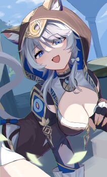 1girl absurdres anima_miko animal_ear_fluff animal_ears black_jacket blue_eyes bow braid breasts cat_ears cat_girl cat_tail cipher_(honkai:_star_rail) cleavage commentary hair_bow highres honkai:_star_rail honkai_(series) hood hood_up hooded_jacket jacket large_breasts long_sleeves looking_at_viewer open_mouth shirt short_hair side_braid solo tail white_bow white_hair white_shirt