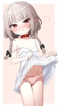 1girl bare_shoulders blush braid collar dress fang flat_chest grey_hair heart highres huucha_(cpaf5377) lifting_own_clothes loli long_hair looking_at_viewer makaino_ririmu makaino_ririmu_(3rd_costume) navel nijisanji panties pink_panties red_collar red_eyes solo strap_slip twin_braids underwear virtual_youtuber white_dress