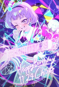 black_shirt black_thighhighs blue_choker blush bracelet character_name choker commentary_request dated dolldolldd dot_nose earrings grin happy_birthday highres himitsu_no_aipri holding holding_microphone idol idol_clothes jewelry looking_at_viewer mamiya_chii microphone midriff miniskirt navel neon_lights pretty_series purple_eyes purple_hair purple_skirt raised_eyebrow see-through_clothes see-through_sleeves shirt short_hair short_sleeves skirt smile sparkle stage straight_hair sweat thighhighs v-shaped_eyebrows