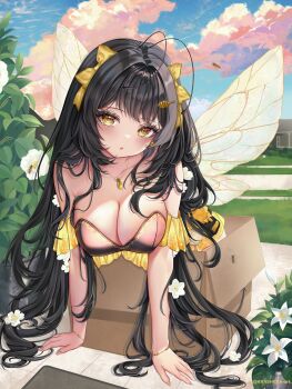 Rule 34 | 1girl, antennae, arthropod girl, bee, bee girl, bee wings, black hair, bow, box, breasts, bug, cardboard box, cleavage, cloud, collarbone, commentary, english commentary, flower, grass, hair bow, hair flower, hair ornament, highres, in box, in container, indie virtual youtuber, insect, insect girl, insect wings, itsbee (vtuber), jewelry, krashena, long hair, necklace, shadow, sky, solo, twitter username, virtual youtuber, white flower, wings, yellow bow, yellow eyes