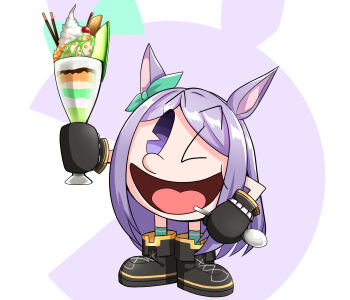 Rule 34 | 1girl, ;d, animal ears, black gloves, boots, food, gloves, green socks, highres, holding, holding food, holding spoon, horse ears, horse girl, lace-up boots, long hair, looking at viewer, mejiro mcqueen (umamusume), meso (zgmf-xv), one eye closed, open mouth, pac-man, pac-man (game), parfait, purple eyes, purple hair, smile, socks, solo, spoon, umamusume