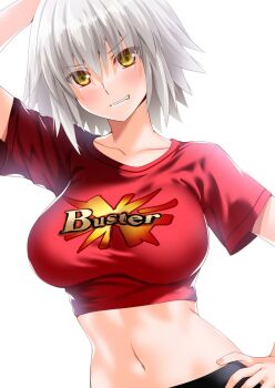 1girl alternate_costume breasts buster_shirt collarbone commentary_request engo_(aquawatery) fate/grand_order fate_(series) grey_hair grin hand_on_own_hip highres jeanne_d&#039;arc_alter_(fate) large_breasts looking_at_viewer midriff navel red_shirt shirt short_hair simple_background smile solo stomach white_background yellow_eyes