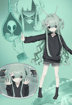 Rule 34 | 1girl, absurdres, alien, alien hair ornament, antennae, black eyes, black hoodie, black socks, green hair, grey shorts, hayu (hayu0305), highres, hood, hood down, hoodie, implied suicide, long hair, long sleeves, looking at viewer, multiple views, no shoes, noose, original, short shorts, shorts, socks, two side up, ufo