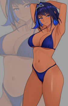 1girl absurdres armpits arms_behind_head arms_up bare_arms bare_legs bikini blue_bikini blue_eyes blue_hair breasts chain chain_headband cleavage collarbone colored_inner_hair cowboy_shot dark_skin eyelashes grey_background hair_flaps hair_intakes hashtag-only_commentary head_tilt highleg highleg_bikini highres hololive hololive_english large_breasts light_blush light_smile long_sidelocks looking_at_viewer multicolored_hair navel neet_kun01 ouro_kronii short_hair sideboob sidelocks simple_background solo standing stomach swimsuit tan thighs underboob zoom_layer