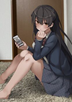 1girl black_hair blue_jacket blush bow bowtie brown_eyes carpet cellphone closed_mouth door eyebrows_hidden_by_hair full_body grey_skirt hair_between_eyes hand_on_own_chin head_rest highres holding holding_phone indoors jacket knees_up konata_(kankin_jk) long_hair long_sleeves looking_at_viewer mishiranu_joshikousei_ni_kankin_sareta_mangaka_no_hanashi phone photo_background ryouma_(galley) school_uniform shirt sitting skirt smartphone solo white_shirt