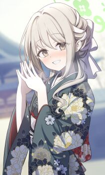 1girl alternate_costume alternate_hairstyle blue_archive blush breasts brown_hair commentary_request floral_print floral_print_kimono green_halo green_kimono hair_between_eyes hair_ribbon halo highres japanese_clothes kimono long_sleeves looking_at_viewer medium_breasts miyo_(blue_archive) open_mouth print_kimono ribbon shirousagi_una smile solo white_ribbon wide_sleeves yukata