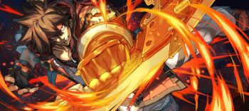 1boy black_gloves black_shirt brown_hair fingerless_gloves fire gloves guilty_gear guilty_gear_strive headband holding holding_sword holding_weapon hungry_clicker male_focus official_art pants red_headband red_vest shirt sol_badguy solo spiked_hair sword vest weapon white_pants