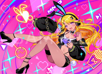 1girl :d animal_ear_headphones animal_ears bare_shoulders black_jacket black_shoes black_shorts blonde_hair blush breasts cleavage collarbone commentary_request dark-skinned_female dark_skin detached_collar fake_animal_ears full_body headphones high_heels indie_virtual_youtuber jacket large_breasts long_hair long_sleeves looking_at_viewer midriff mimipi_(vtuber) multicolored_hair navel open_clothes open_jacket open_mouth outstretched_arm parted_bangs pink_background pink_eyes pink_hair purple_hair rabbit_ear_headphones rabbit_ears sample_watermark shoes short_shorts shorts smile solo sparkle streaked_hair tatejima_uri teeth thigh_strap upper_teeth_only virtual_youtuber watermark