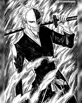 1boy bleach commentary cowboy_shot crosshatching greyscale hatching_(texture) highres holding holding_sword holding_weapon hollow_mask instagram_username kurosaki_ichigo linear_hatching male_focus mask monochrome pillarboxed seveninks smoke solo sword tensa_zangetsu_(bankai) weapon
